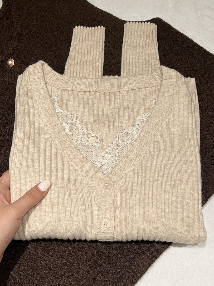 Lace V-Neck Long Sleeve Knit Bodysuit T-Shirt for Women, Slim Fit, Elegant Top for Fall and Winter