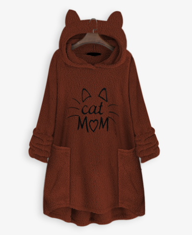 Cat Ear Plus Size Hoodie with Print for Women