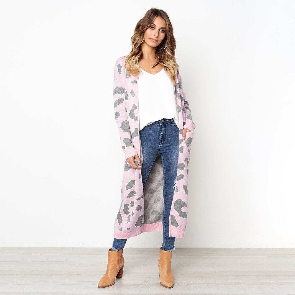 Fall Winter Women'sLeopard Print Sweater Loose Mid-Length Knitted Cardigan Top