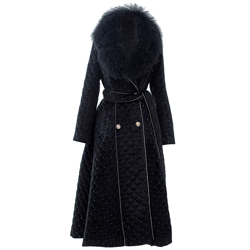 Winter Female Clothing Big Wool Collar Warm Design Long Sleeve Solid Color Sequin Midi Cotton Coat