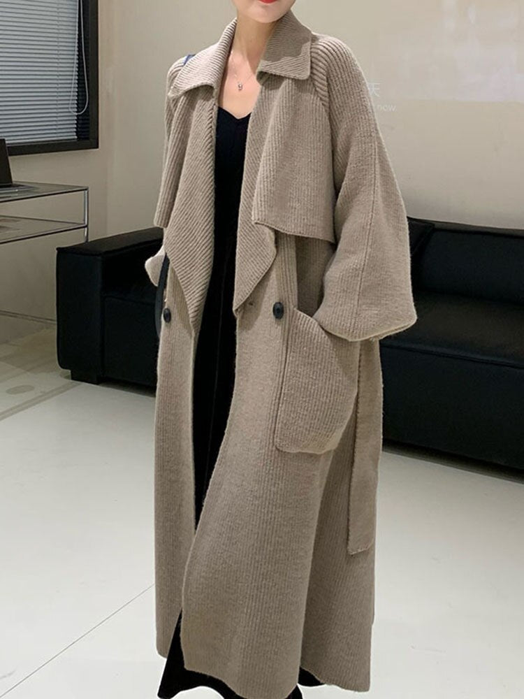 Double Breasted Cardigan Knitting Long Sweater For Women Long Sleeve Belt Loose Casual Vintage Coat Winter Clothing