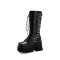 Lace-Up Thick-Heeled Women's High Boots with Buckle