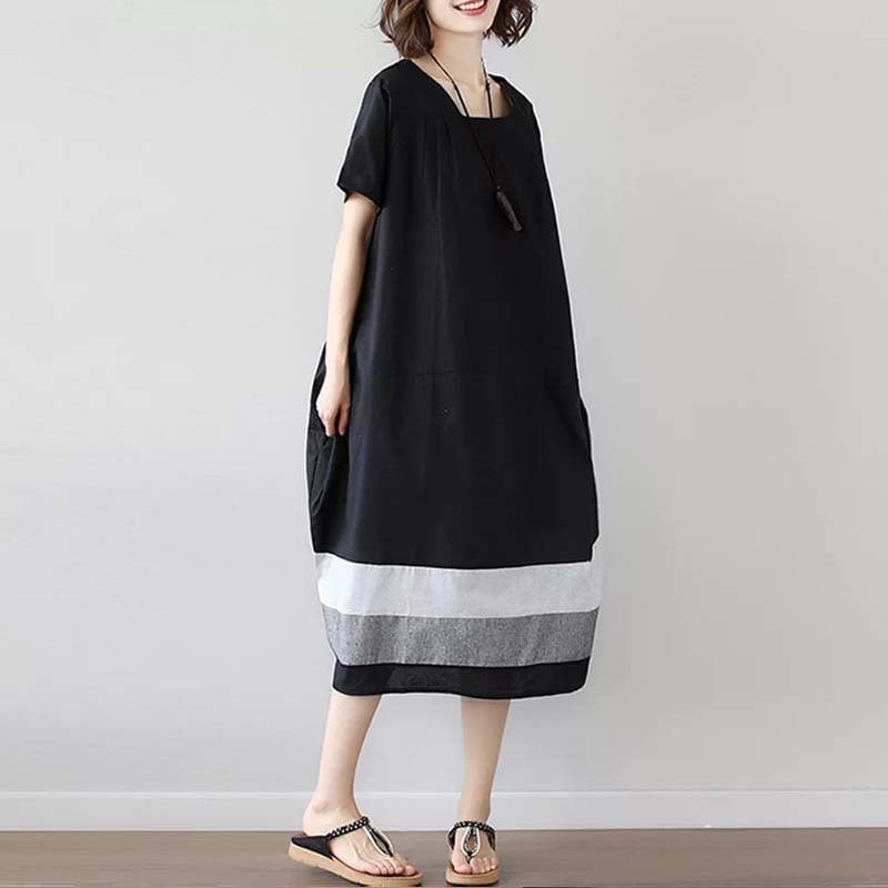 Plus Size Cotton Linen Short Sleeve Midi Dress