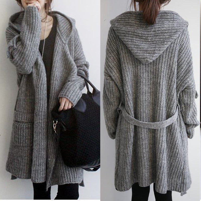 Fall and Winter New Women's  Hooded Belted Loose Mid-Length Chunky Knit Cardigan Sweater Outerwear