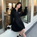 Fall and Winter Heping Style Design Sense Tummy Concealing Black Hoodie Dress, Unique Polo Collar, Waist-Cinching Slim Fit