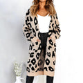 Fall Winter Women'sLeopard Print Sweater Loose Mid-Length Knitted Cardigan Top