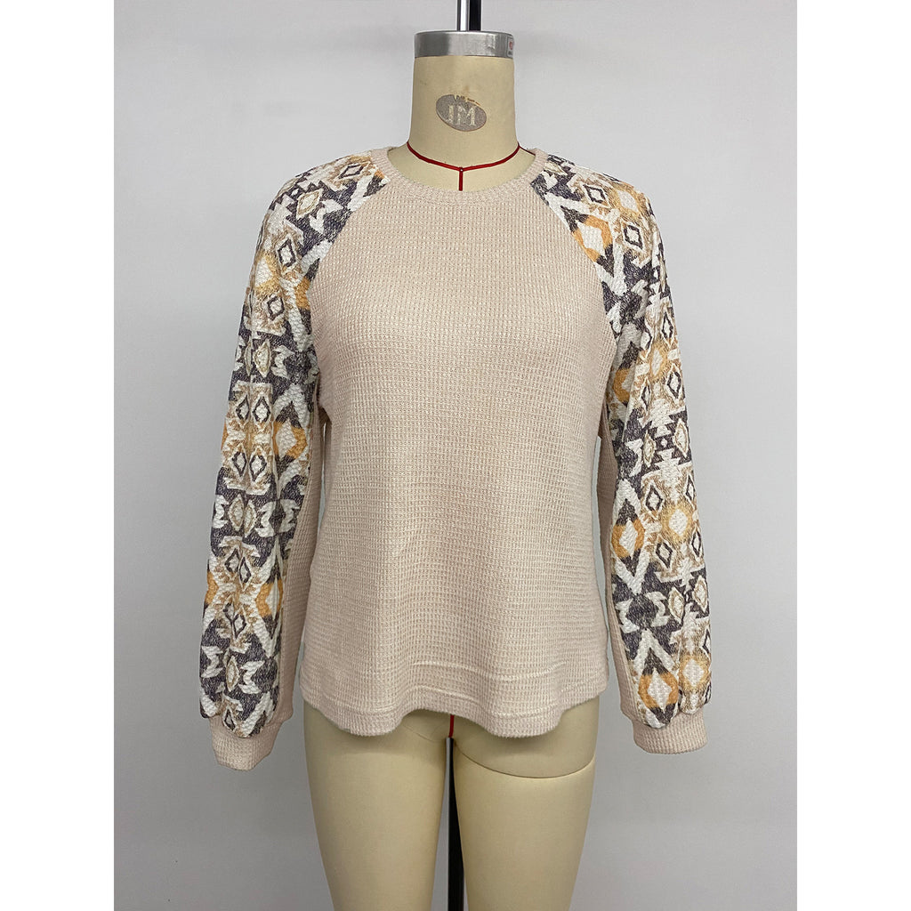 Women's Long Sleeve Waffle Knit Patchwork Top Fall Winter Casual Tee