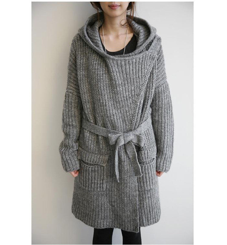Fall and Winter New Women's  Hooded Belted Loose Mid-Length Chunky Knit Cardigan Sweater Outerwear