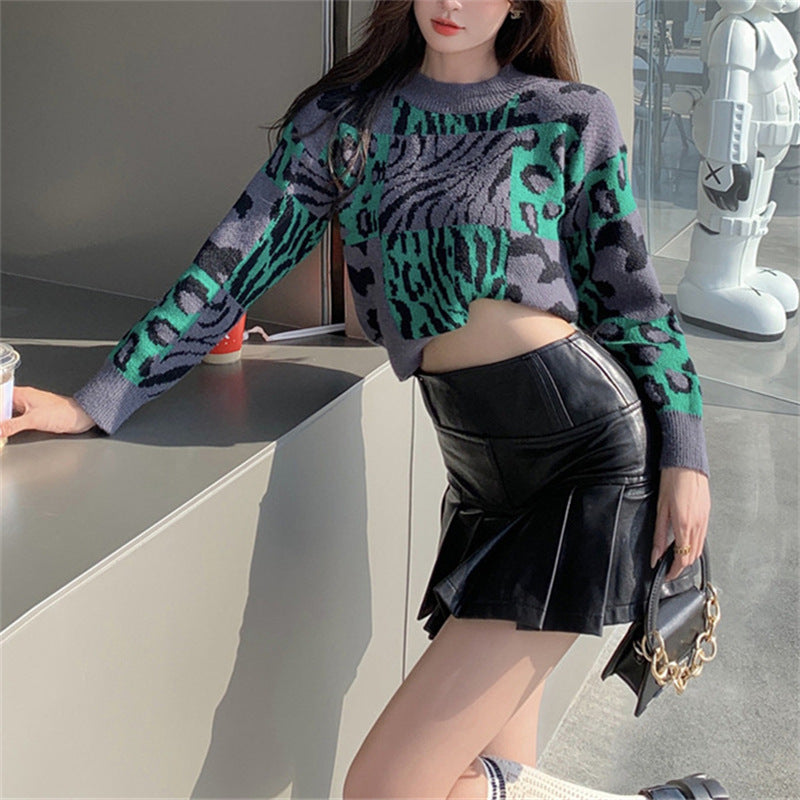 Fall Clothing Pullovers Fashion Tops for Women Vintage Leopard Print Knit Sweaters Korean Loose Jumper Sueter De Mujer