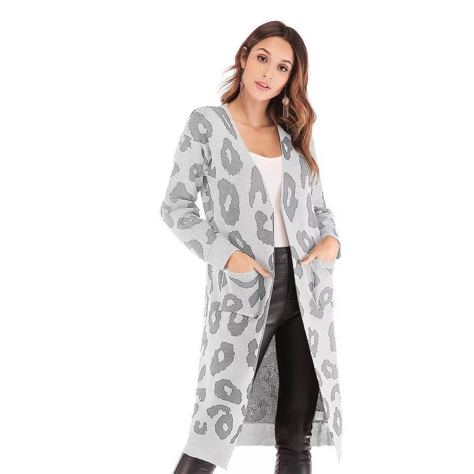 Fall Winter Women'sLeopard Print Sweater Loose Mid-Length Knitted Cardigan Top