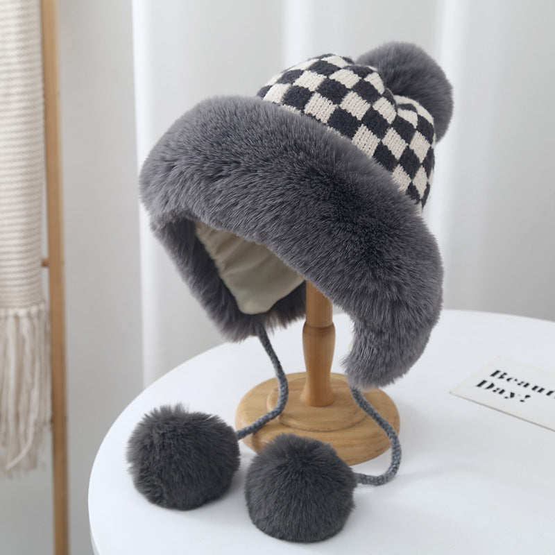 Korean Checkerboard Fuzzy Lei Feng Hat