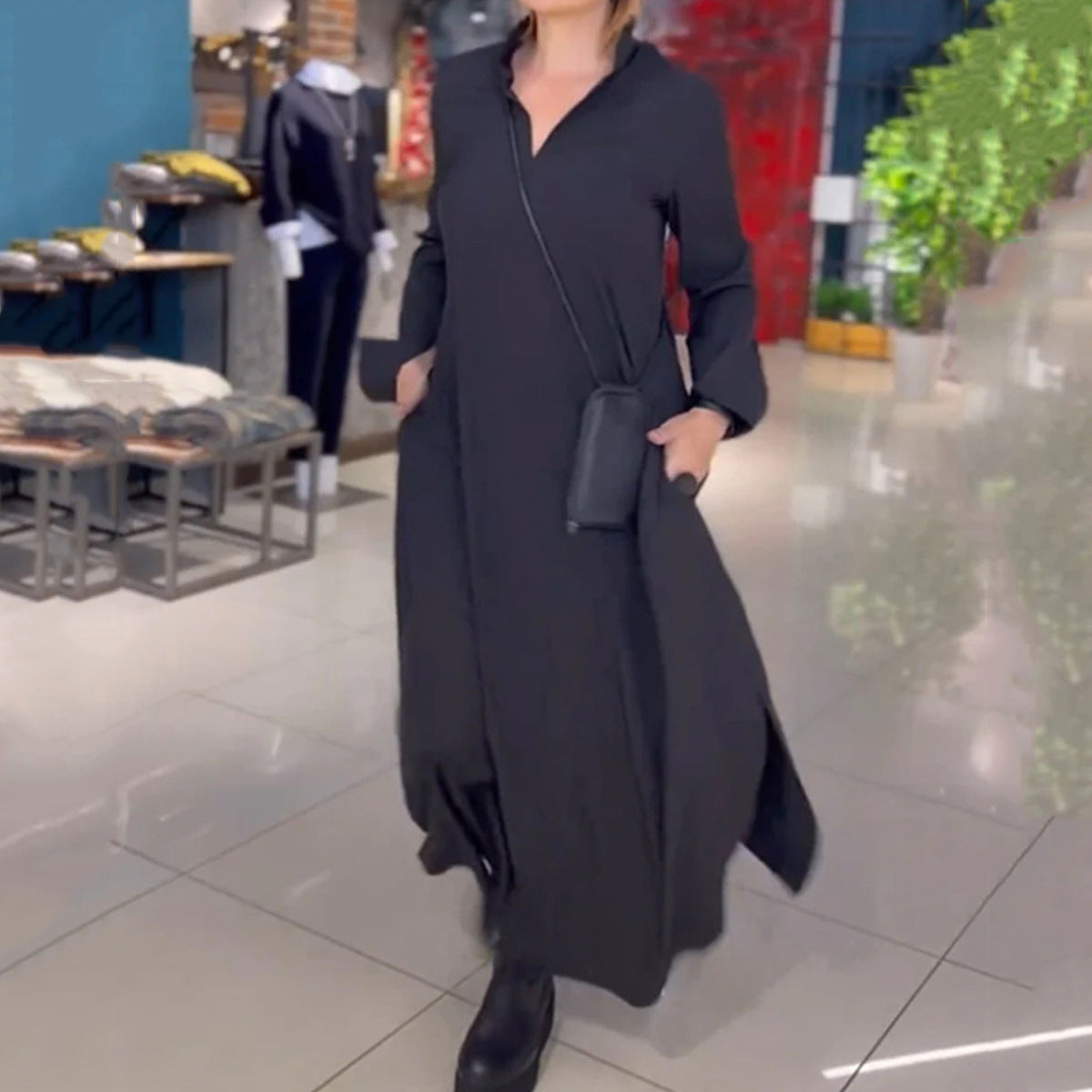 Autumn and winter European and American casual solid color loose slimming V-neck long sleeved dress women's clothing