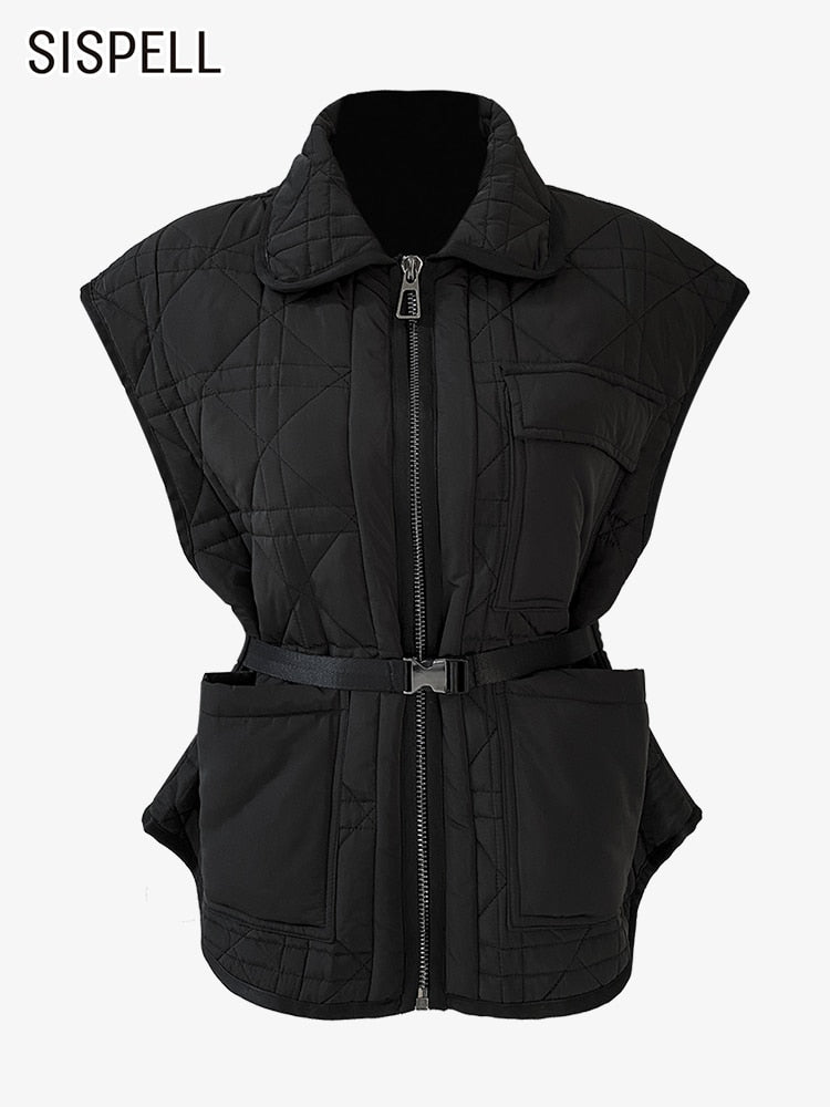 Patchwork Belted Plaid Coat For Women Lapel Sleeveless Patchwork Pockets Slim Vests Female Casual Winter Clothing Style
