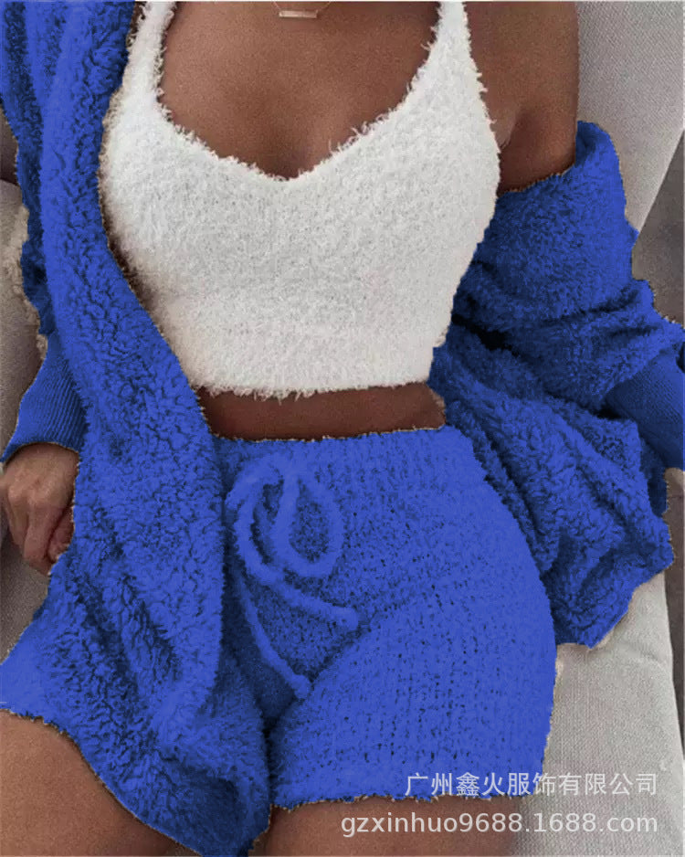 Women's clothing, European and American winter plush home wear, casual 3Pcs  pajamas long sleeved shorts sports set