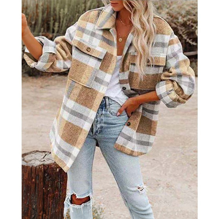 Autumn and winter women's clothing autumn and winter long sleeved lapel loose plaid thickened woolen jacket