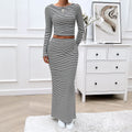 European and American autumn and winter women's clothing temperament casual striped knitted long sleeved set
