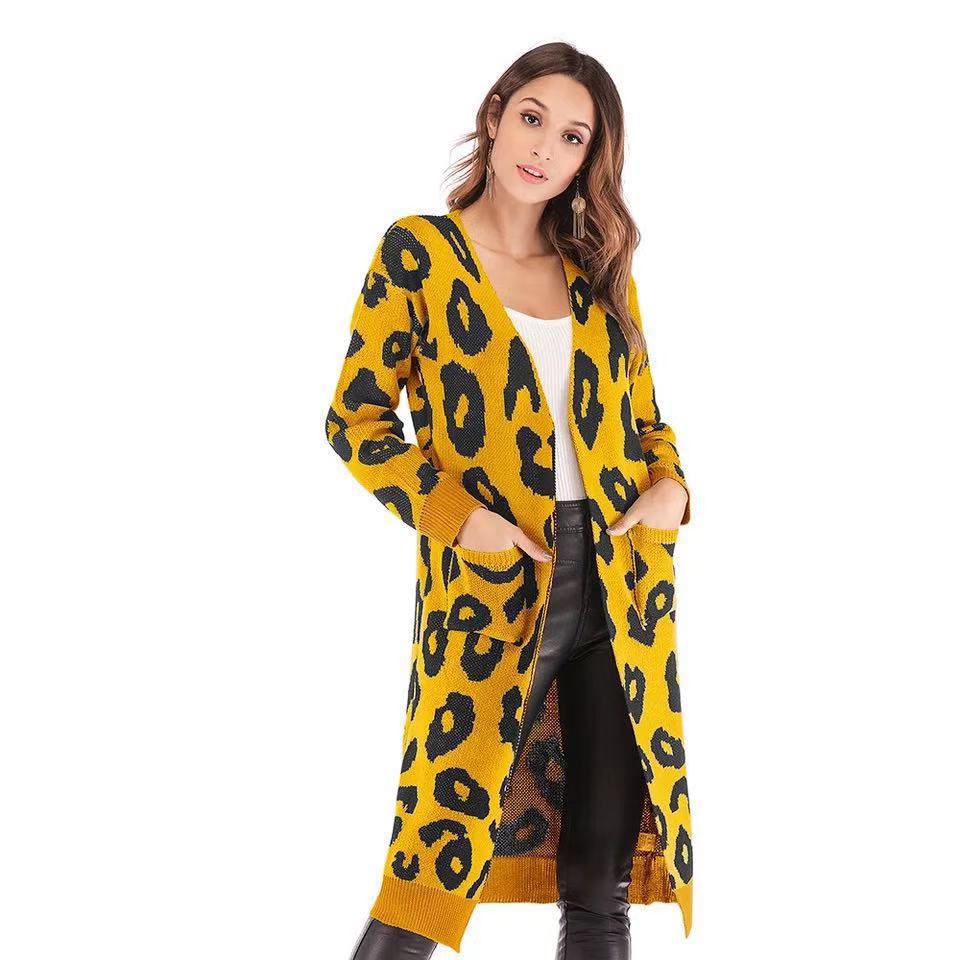 Fall Winter Women'sLeopard Print Sweater Loose Mid-Length Knitted Cardigan Top