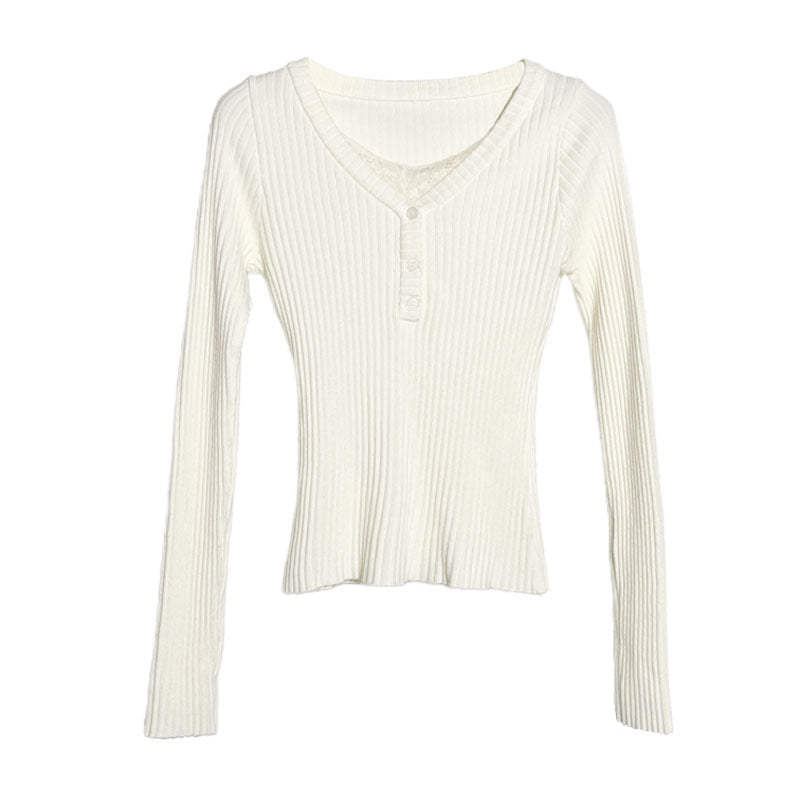 Lace V-Neck Long Sleeve Knit Bodysuit T-Shirt for Women, Slim Fit, Elegant Top for Fall and Winter