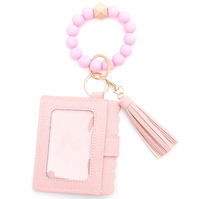 Colorful Silicone Bead Bracelet Card Holder PU Tassel Women's Wallet Keychain Silicone Beaded Bracelet