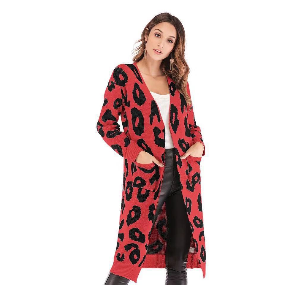 Fall Winter Women'sLeopard Print Sweater Loose Mid-Length Knitted Cardigan Top
