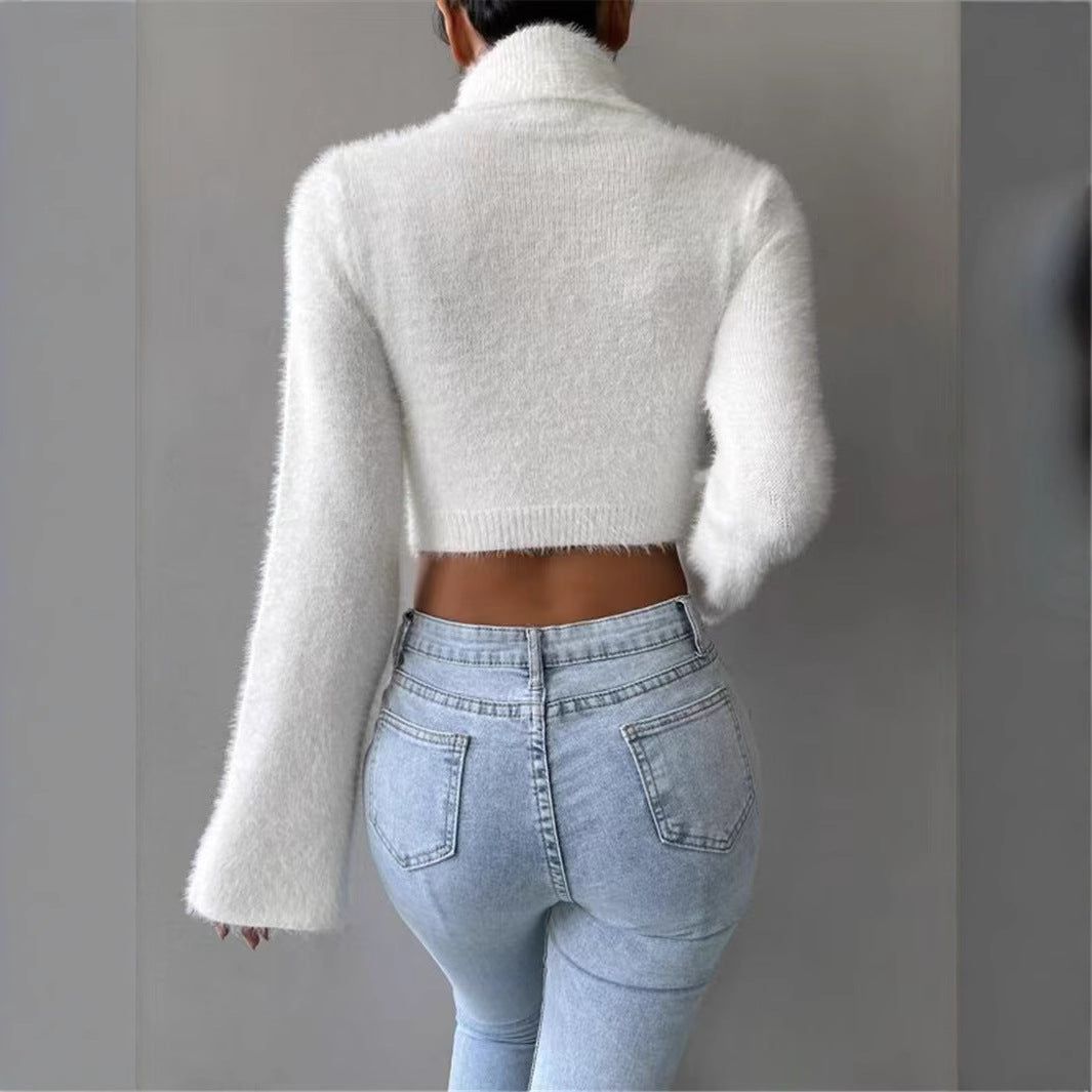 Fall Winter Women's Sweater High Neck Short Length Long Sleeve Solid Color Knit Crop Top