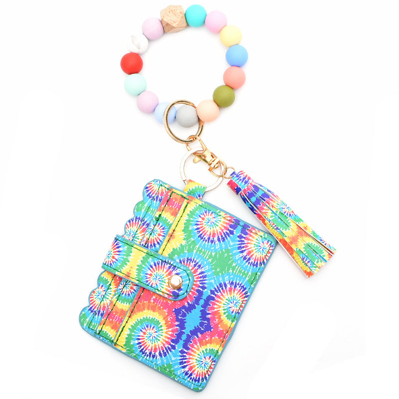 Colorful Silicone Bead Bracelet Card Holder PU Tassel Women's Wallet Keychain Silicone Beaded Bracelet