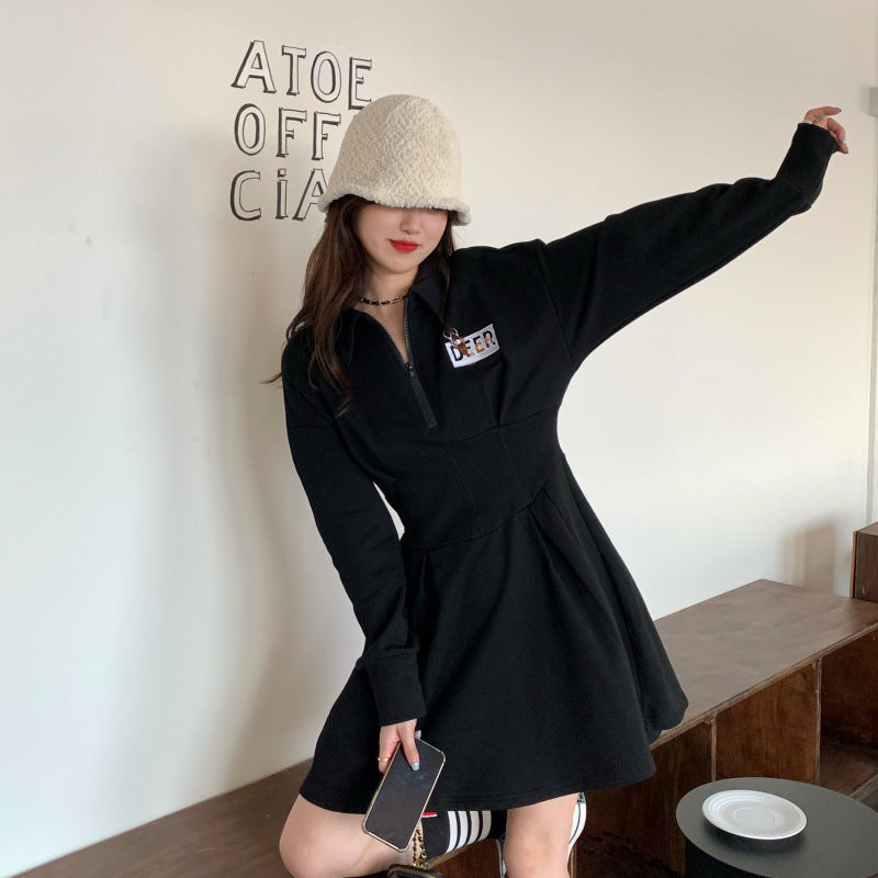 Fall and Winter Heping Style Design Sense Tummy Concealing Black Hoodie Dress, Unique Polo Collar, Waist-Cinching Slim Fit