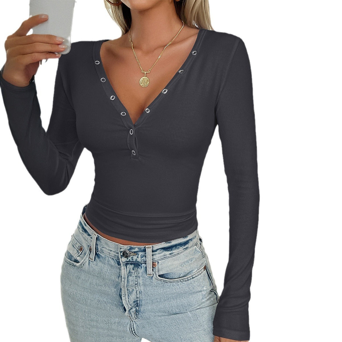European and American autumn/winter Y2K women's clothing temperament slim fit solid color long sleeved top