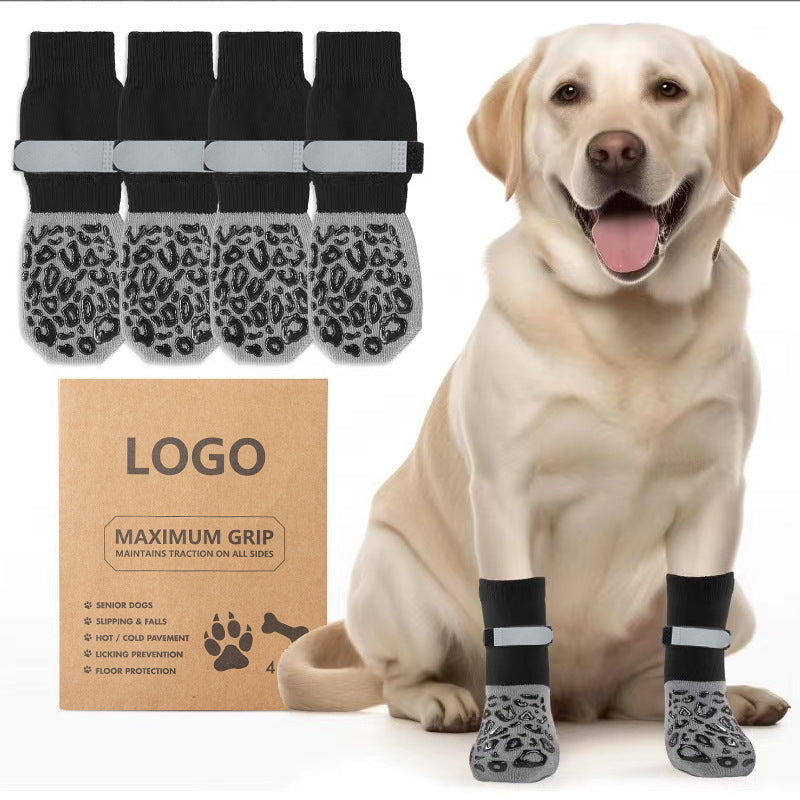 Non-slip Bottom Cotton Socks for Large Dogs, Quiet Pet Socks with Black Leopard Print, Dog Shoes for Wholesale