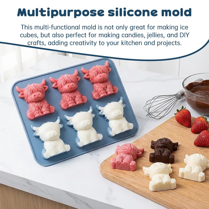 1-6 Cube Highland Cow 3D Silicone Mold Set for Fondant, Chocolate, Candy, Biscuit, Cake, Candle, Soap, and Craft Baking DIY