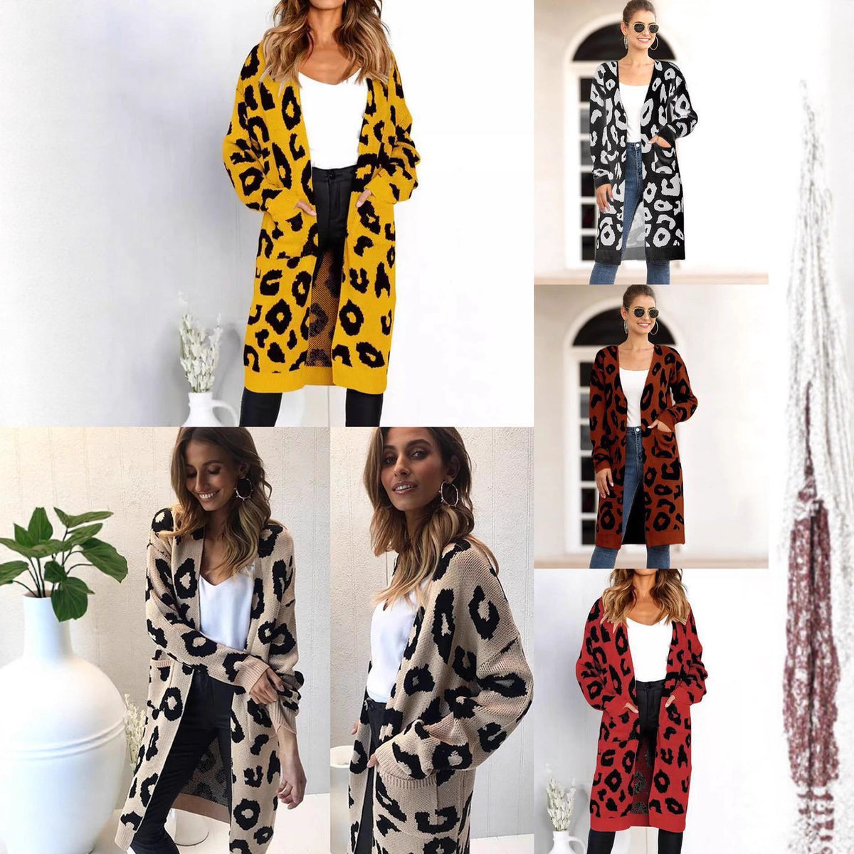 Fall Winter Women'sLeopard Print Sweater Loose Mid-Length Knitted Cardigan Top