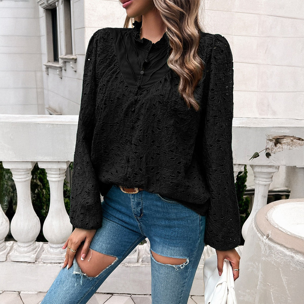 European and American autumn and winter women's clothing temperament hollow bubble sleeve embroidered top