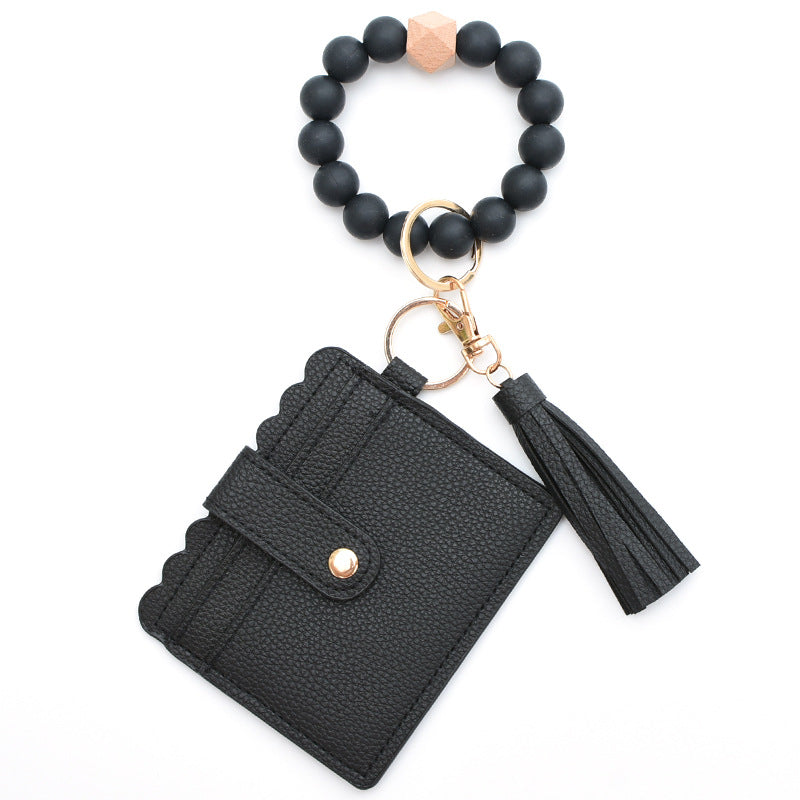 Colorful Silicone Bead Bracelet Card Holder PU Tassel Women's Wallet Keychain Silicone Beaded Bracelet