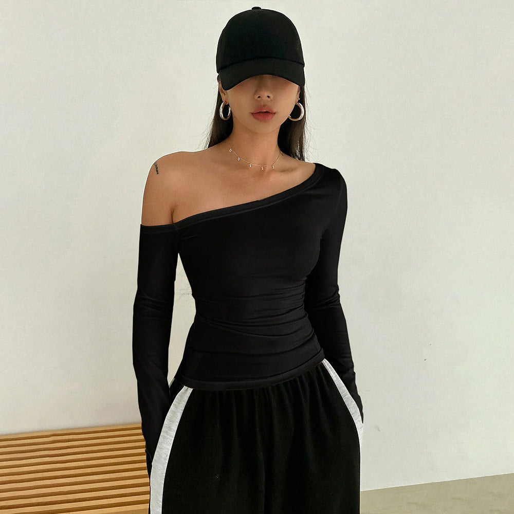 Fashion sexy off-the-shoulder T-shirt autumn and winter slanted collar design long-sleeved top women's clothing