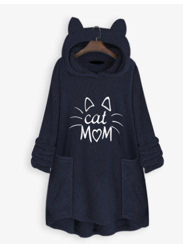 Cat Ear Plus Size Hoodie with Print for Women