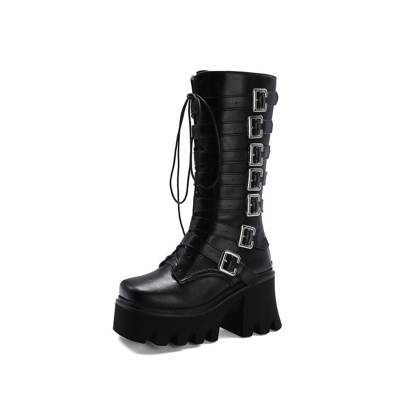 Lace-Up Thick-Heeled Women's High Boots with Buckle
