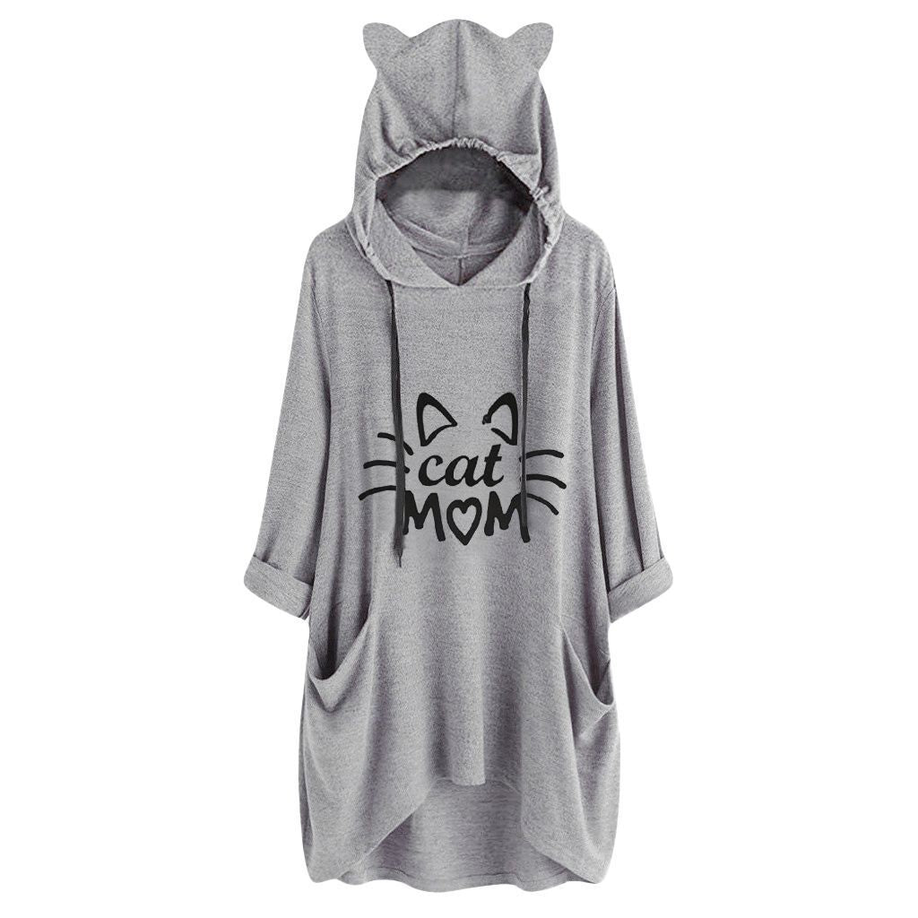 Cat Ear Plus Size Hoodie with Print for Women