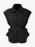 Patchwork Belted Plaid Coat For Women Lapel Sleeveless Patchwork Pockets Slim Vests Female Casual Winter Clothing Style