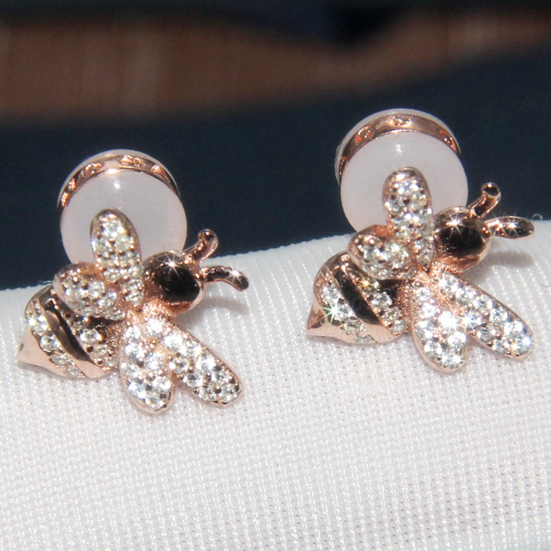 S925 Silver Bee Earrings with Crystal Inlay for Women