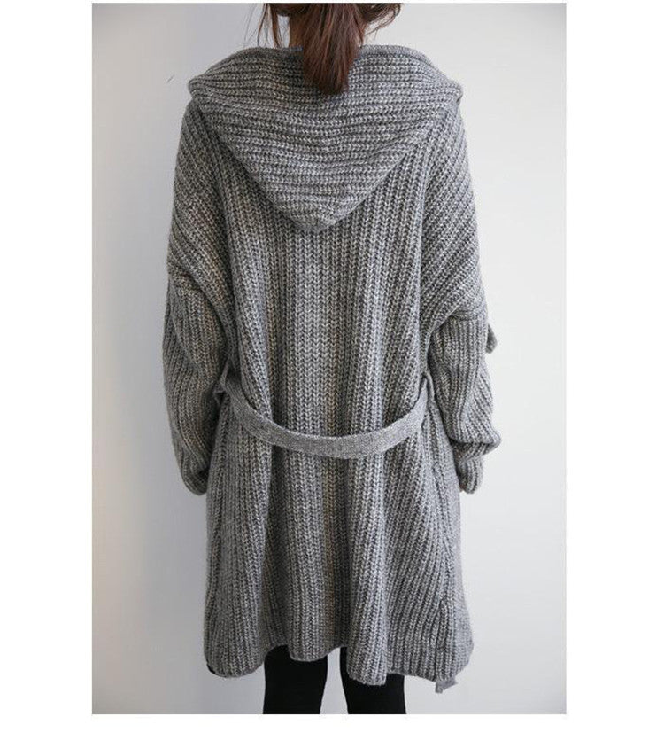 Fall and Winter New Women's  Hooded Belted Loose Mid-Length Chunky Knit Cardigan Sweater Outerwear