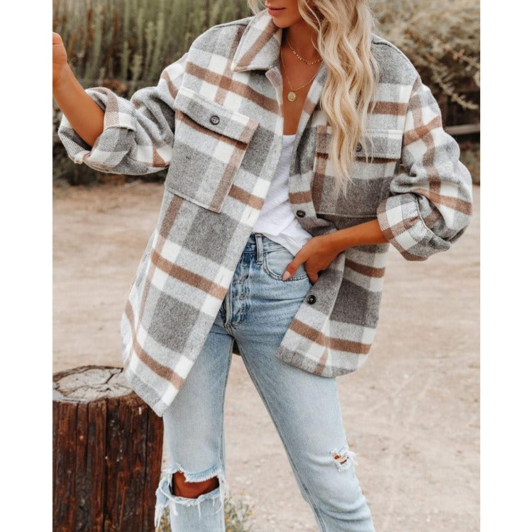 Autumn and winter women's clothing autumn and winter long sleeved lapel loose plaid thickened woolen jacket