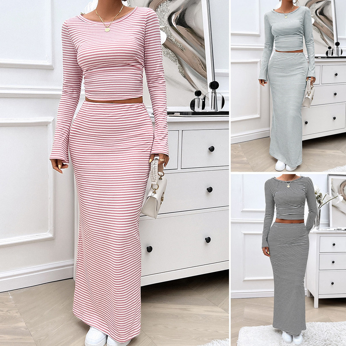 European and American autumn and winter women's clothing temperament casual striped knitted long sleeved set