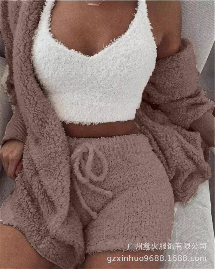 Women's clothing, European and American winter plush home wear, casual 3Pcs  pajamas long sleeved shorts sports set