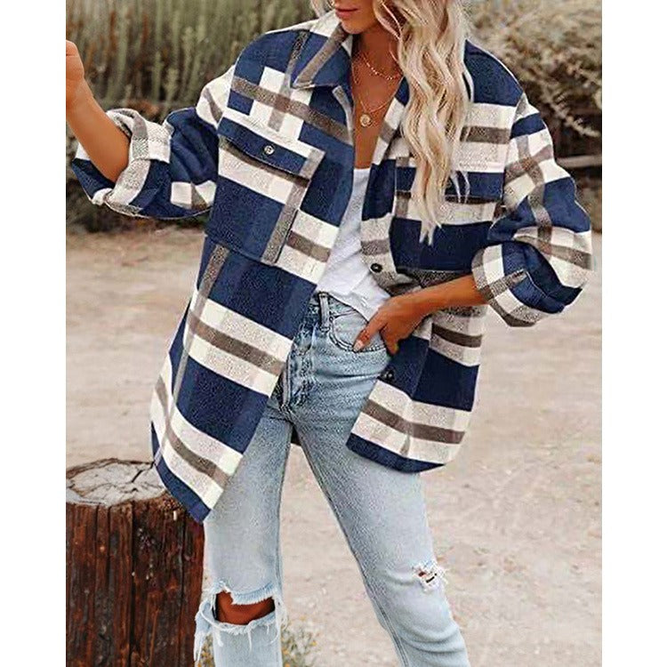 Autumn and winter women's clothing autumn and winter long sleeved lapel loose plaid thickened woolen jacket