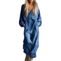 Causal Printed Denim Long Sleeve Jumpsuit with Large Pockets for Women