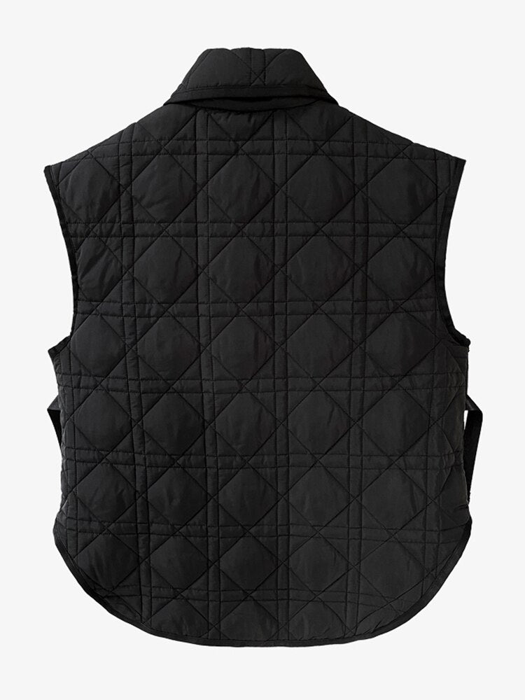 Patchwork Belted Plaid Coat For Women Lapel Sleeveless Patchwork Pockets Slim Vests Female Casual Winter Clothing Style