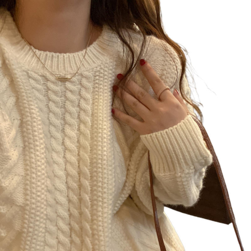 Fall and Winter Heavy Knit Cable Knit Solid Color Sweater for Women