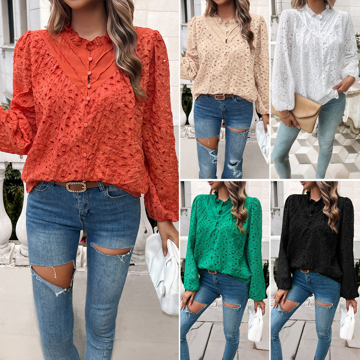 European and American autumn and winter women's clothing temperament hollow bubble sleeve embroidered top