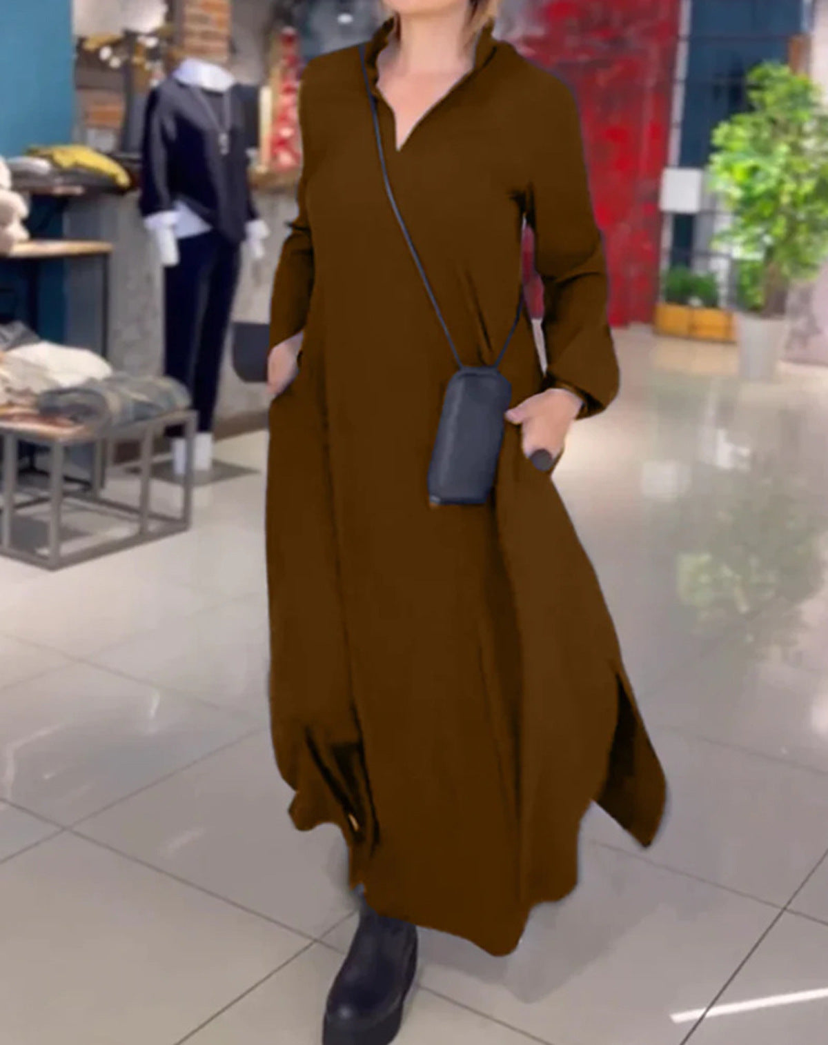 Autumn and winter European and American casual solid color loose slimming V-neck long sleeved dress women's clothing