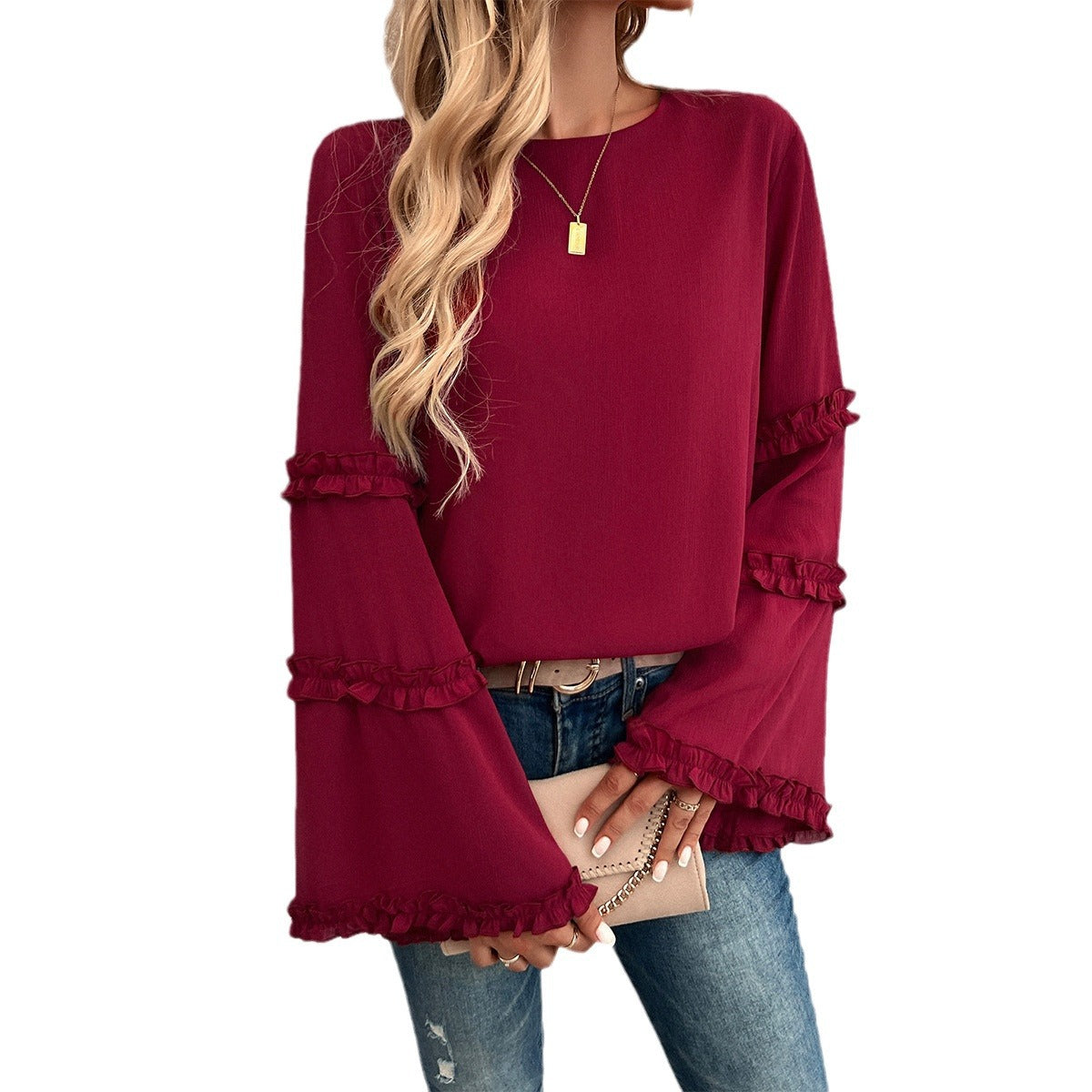 Autumn and winter new style European and American elegant socialite loose trumpet long sleeved top women's clothing